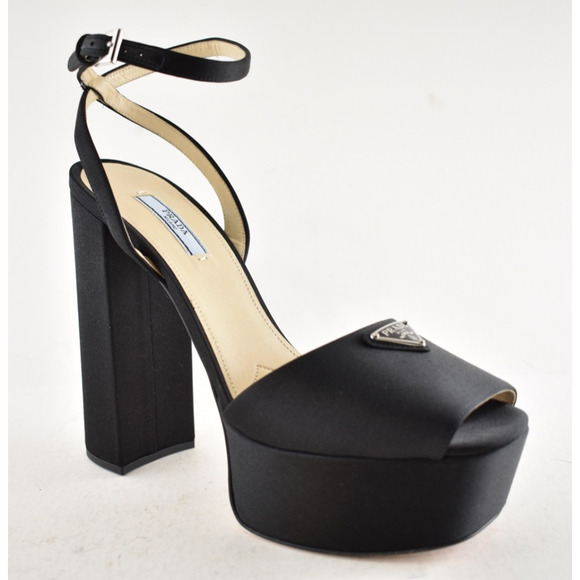 Prada 135mm Black Satin Logo Platform Sandal Ankle Strap Block Heel Pump 40 - Picture 5 of 14